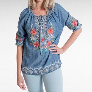 Karyn Seo | Medium Blue Wash Pola Chambray Embroidered Peasant Denim Blouse